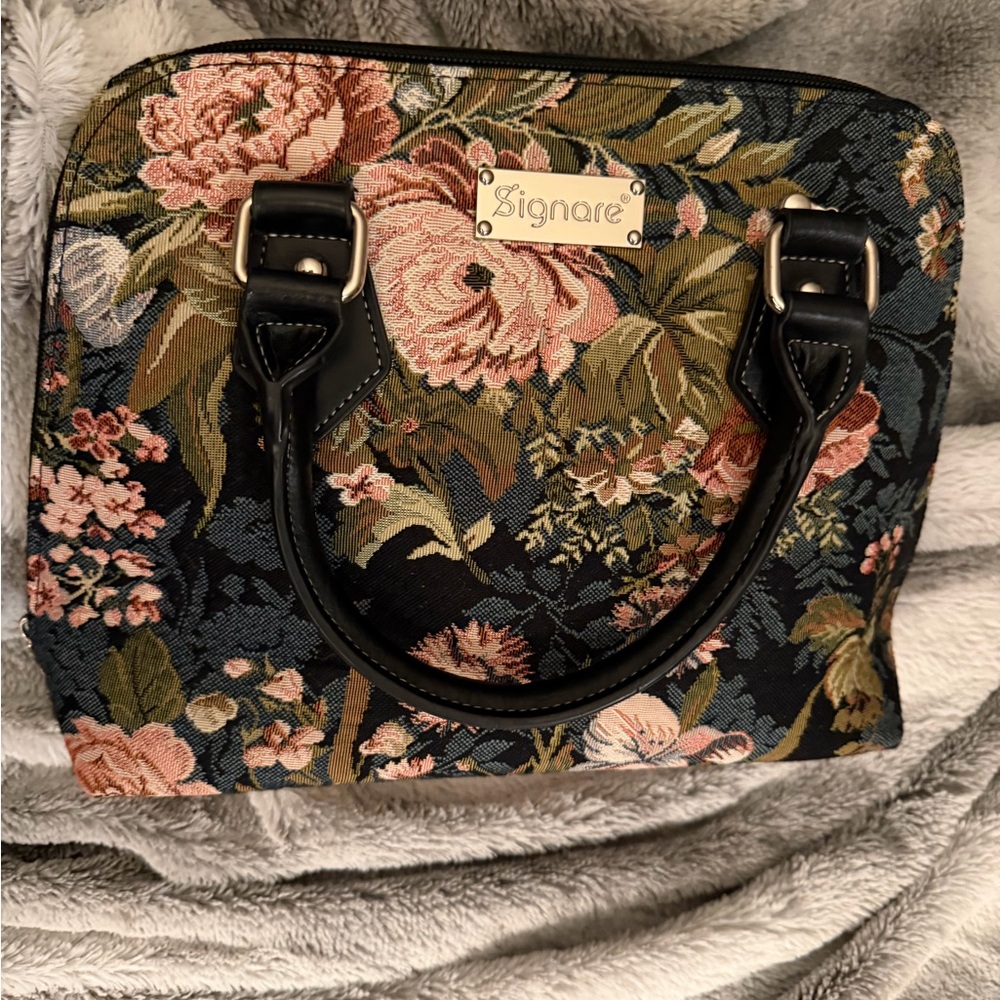 Signare - Peony Rose Design Floral Tapestry Satchel - Black/Green/Pink